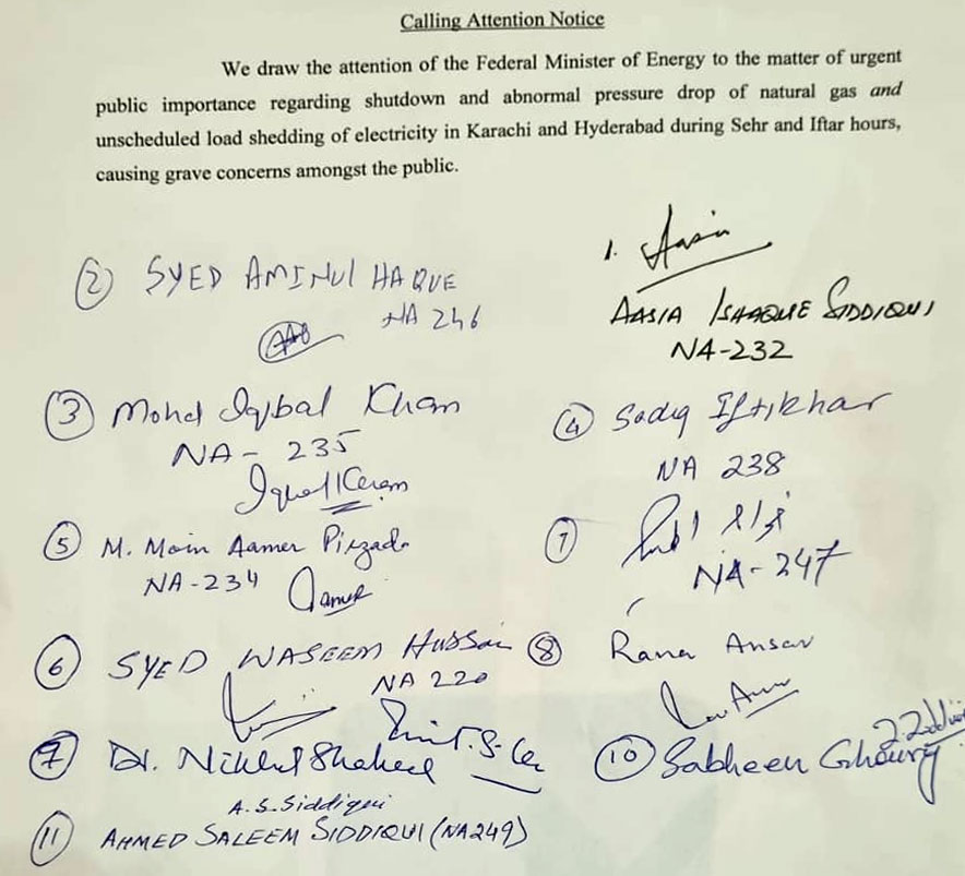 MQM Pakistan Submitted Notice in National Assembly to draw attention against load shedding of gas and electricity