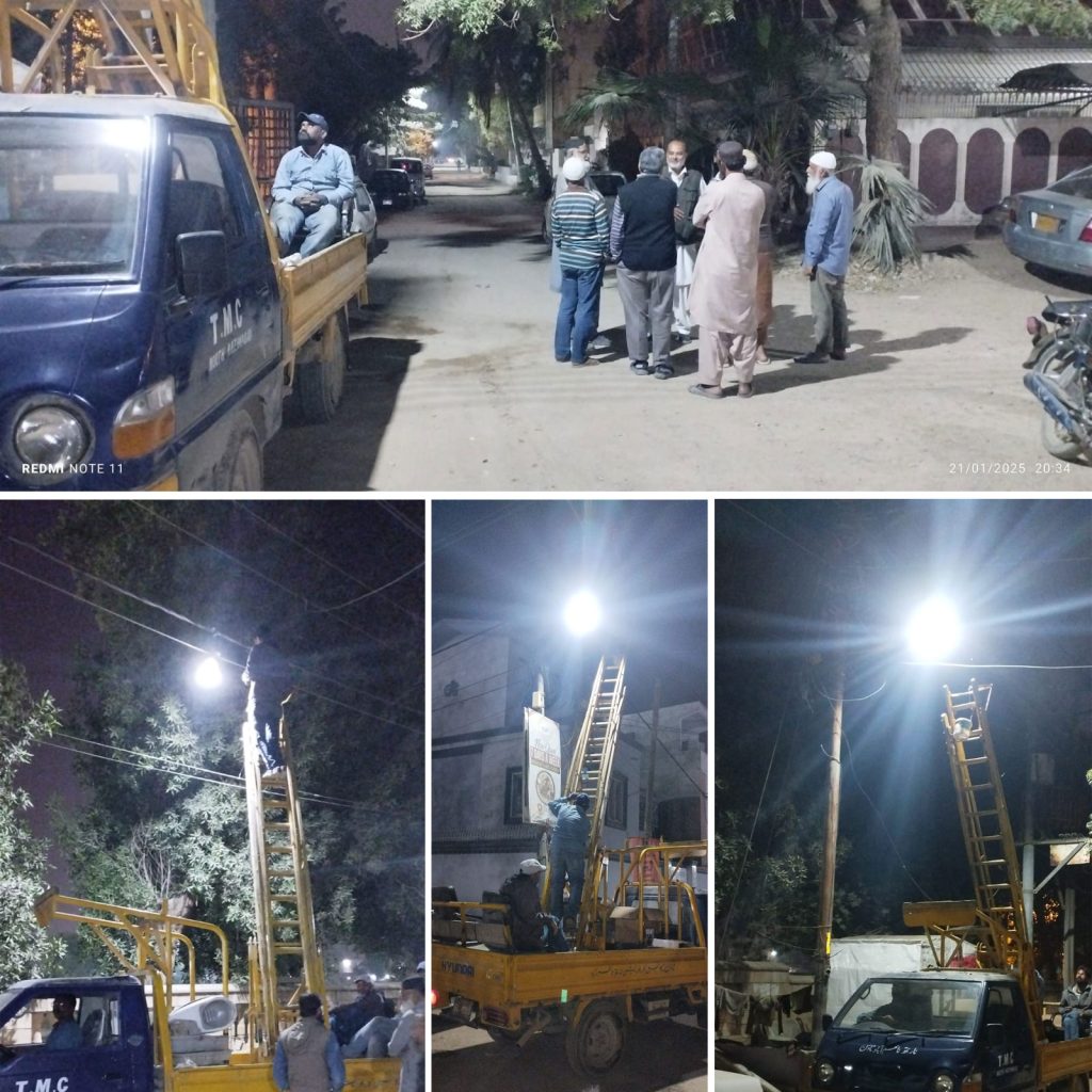New lights were installed on all the poles in Shadman Town UC 2, Chairman Farhan Sohail was present.