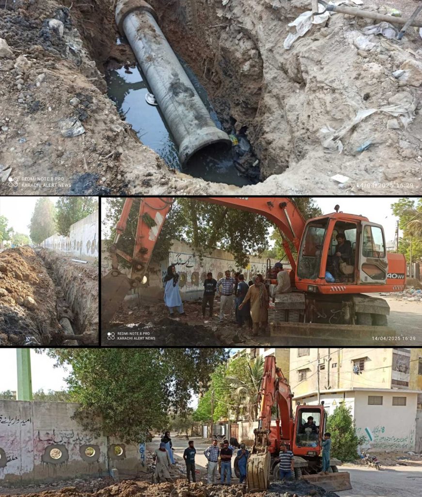 North Nazimabad Block I, work on laying a sewer line near Madani Ground is underway. Farhan Sohail was present on the spot.