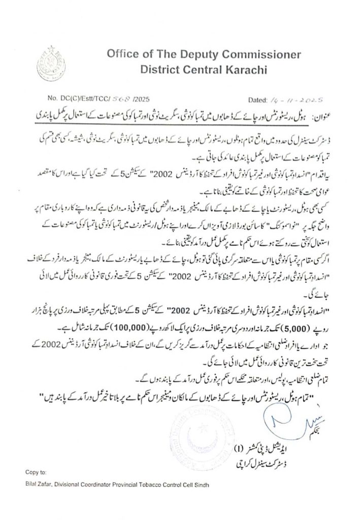 Notification Issued, Complete Ban on Smoking, Cigar Smoking and Use of Tobacco Products in Hotels, Restaurants and Others
